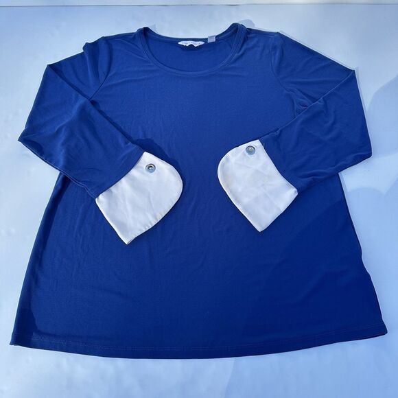 Susan Graver Liquid Knit Top Size L Blue Off White Contrast Cuff Flowy Stretch - Picture 9 of 13